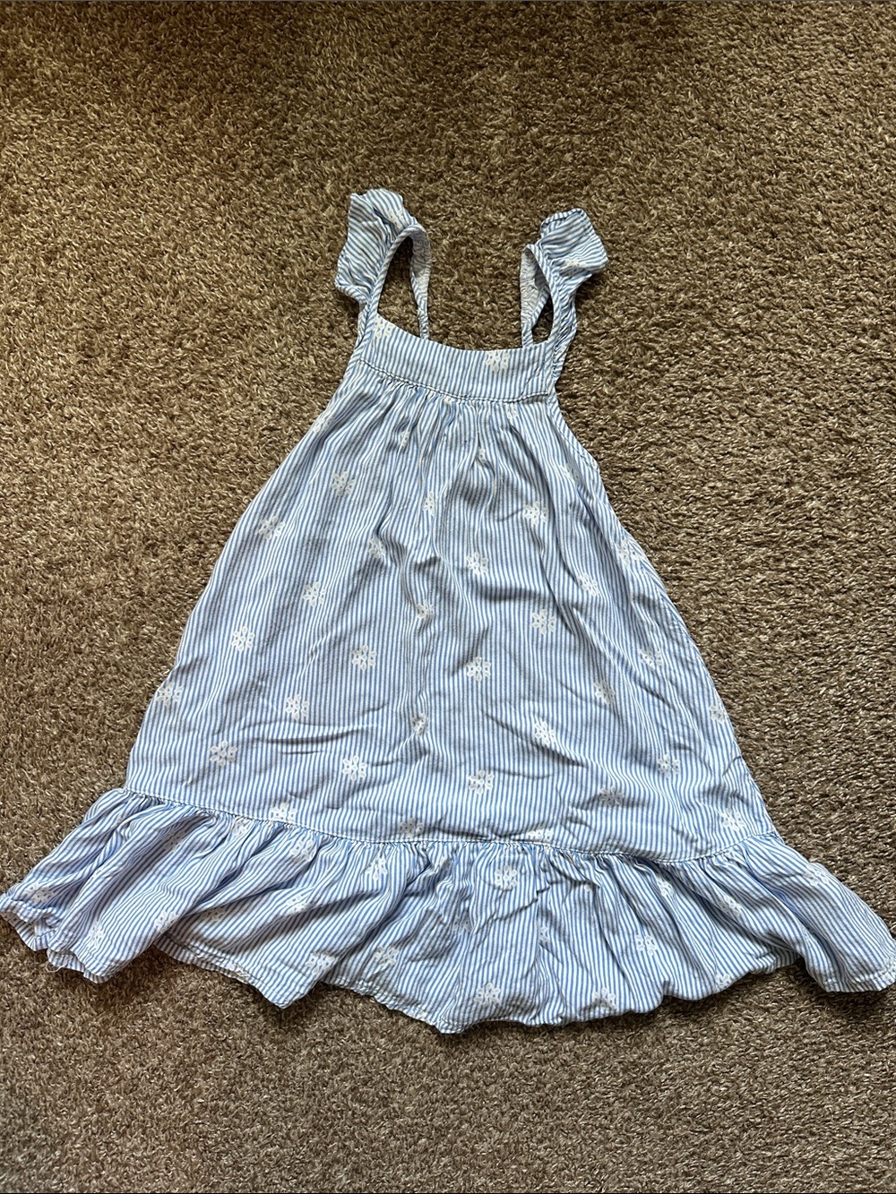 Old Navy Light Blue and White Striped Ruffle-Trim Dress